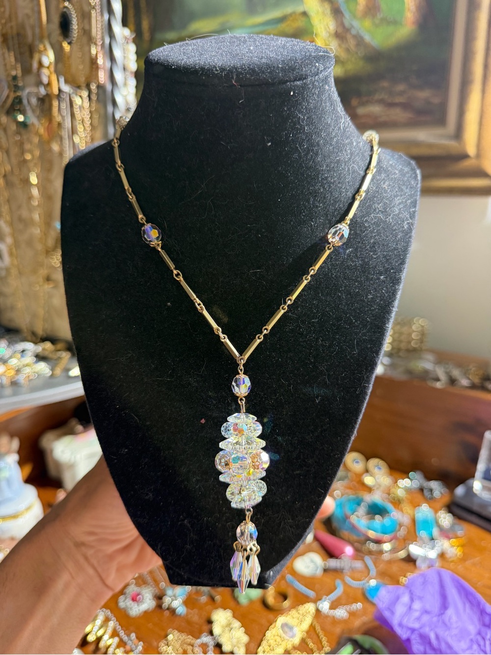 Vintage Gold Tone Aurora Borealis Crystal Drop Pendant Necklace